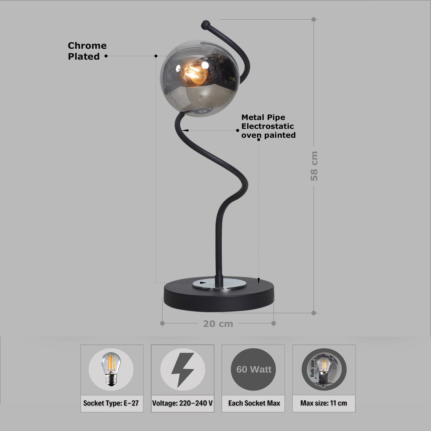 Luzarana Nora schwarz verchromte Luxus-Schreibtischlampe gebogene moderne Design-Tischlampe