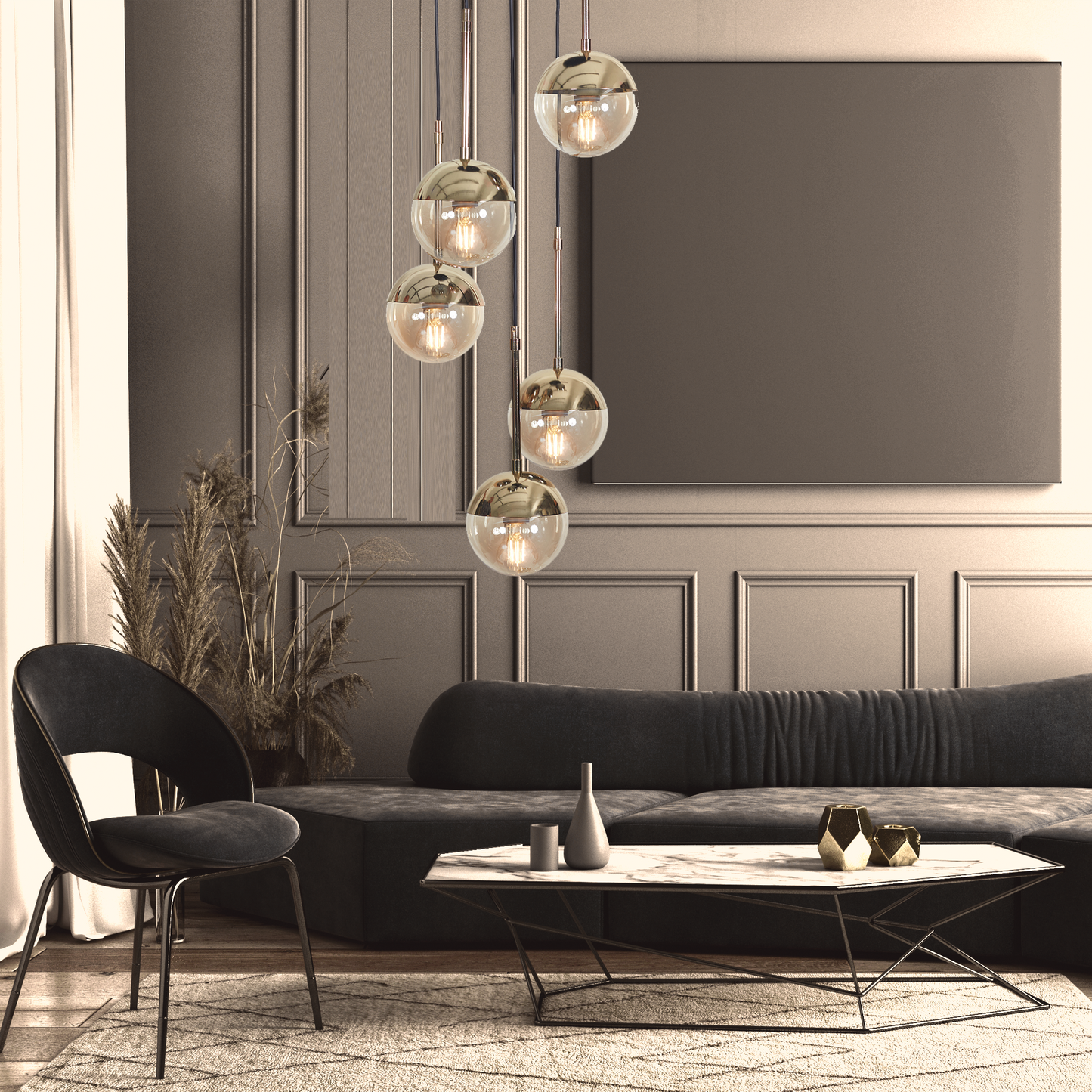 Luzarana Nova 5 goud metalen behuizing honingkleurige glas design luxe hanglamp