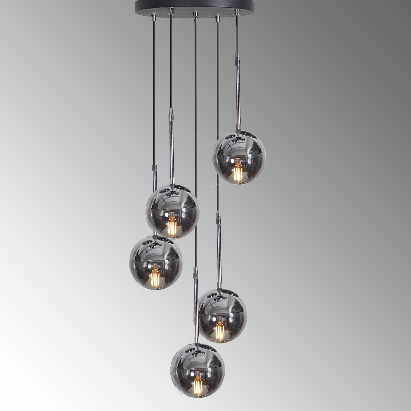 Luzarana Nova 5 chroom metalen behuizing rookglas design luxe hanglamp