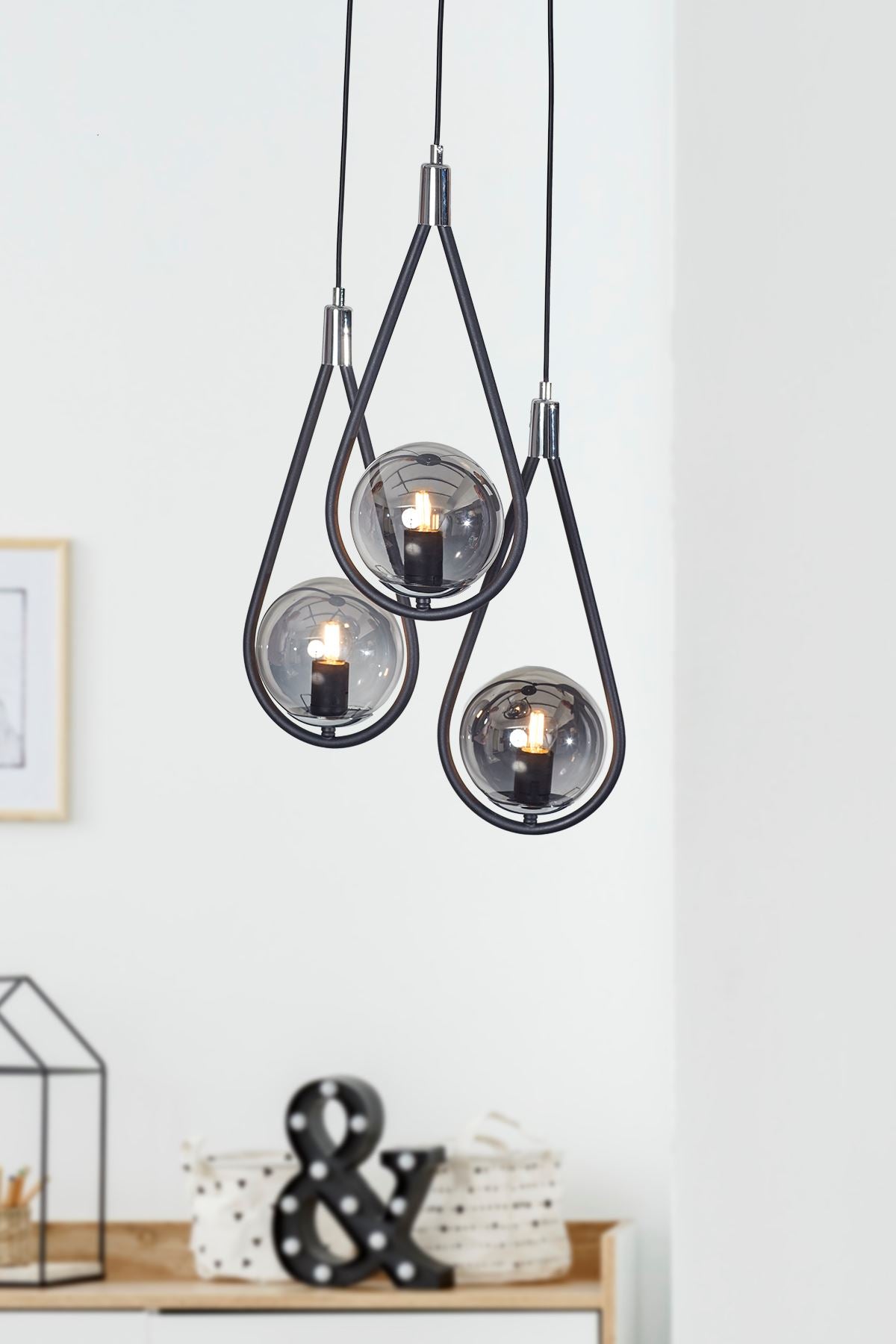 Luzarana Siena triple black with chrome metal body smoked glass design luxury hanging lamp