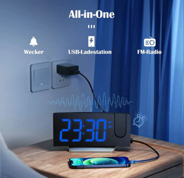 Clock radio, digital alarm clock with 180° projection