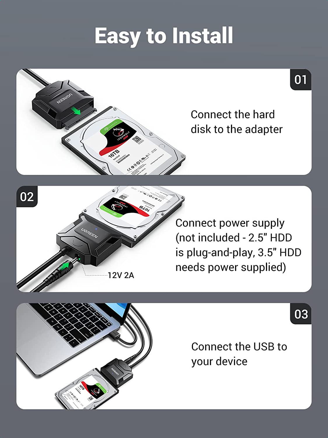 UGREEN USB 3.0 auf SATA Adapterkabel Konverter für 2,5/3,5 Zoll Festplatten HDD und SSD